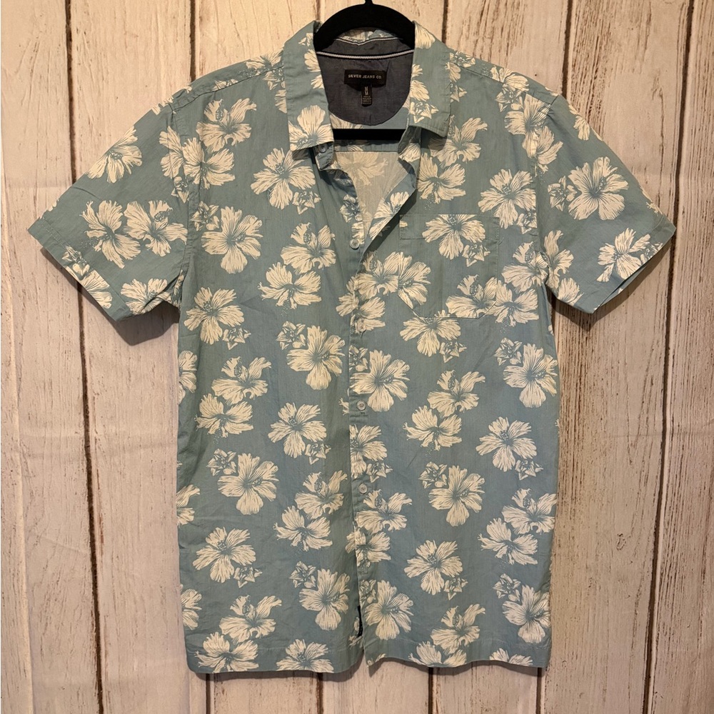 Silver Jeans Co. Men's Short Sleeve Hibiscus Floral Print
Button Up Shirt - Blue